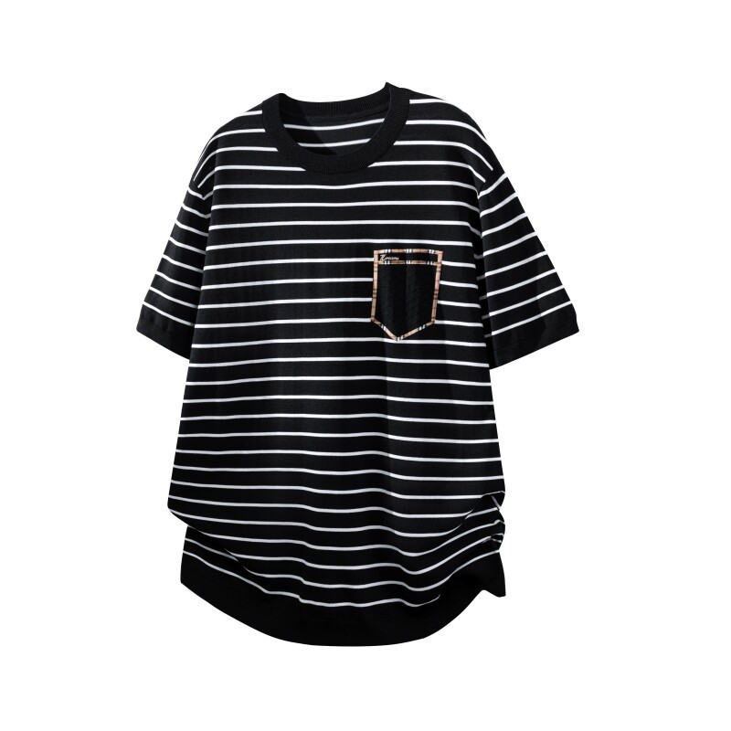 ZY8005-3D老钱风条纹圆领针织短袖通勤百搭夏季时尚简约T恤，男装针织衫/毛衣，星座614