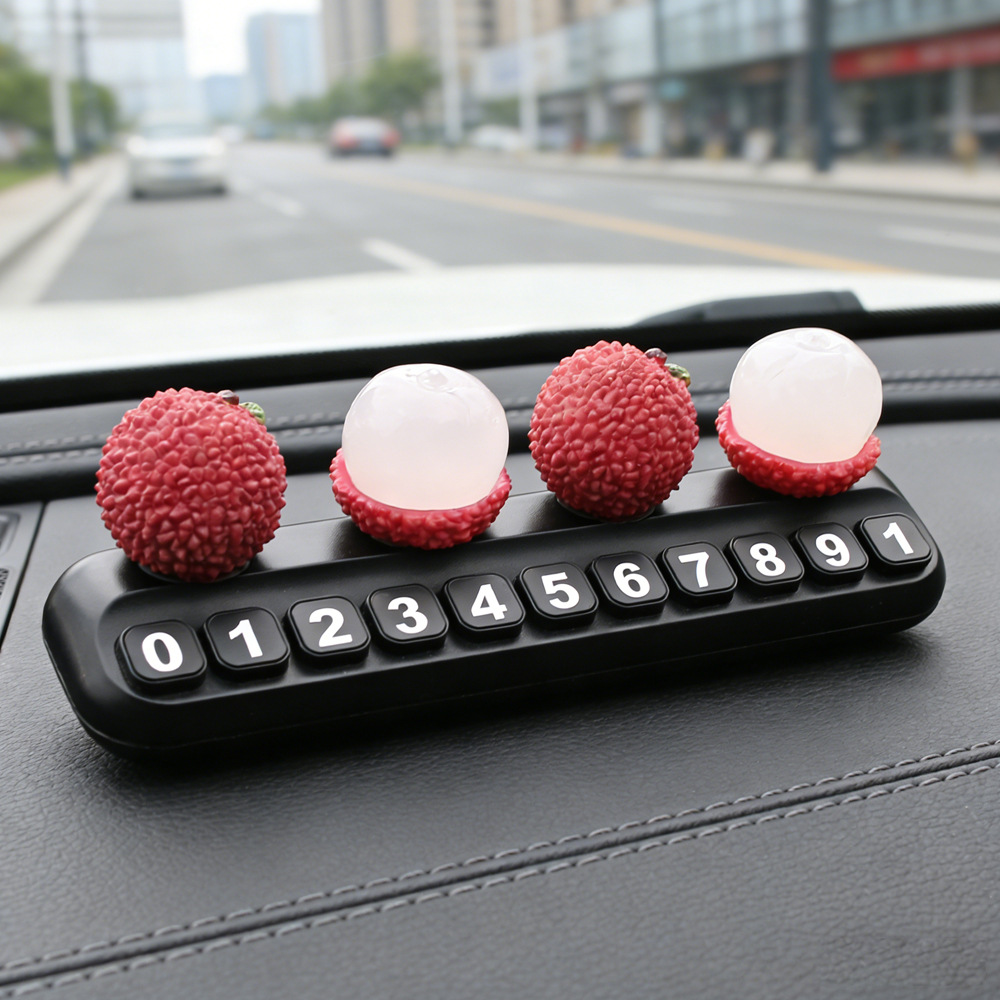 Tarjeta telefónica de movimiento de automóviles, tarjeta de estacionamiento temporal de frutas de litchi, adornos creativos de automóviles