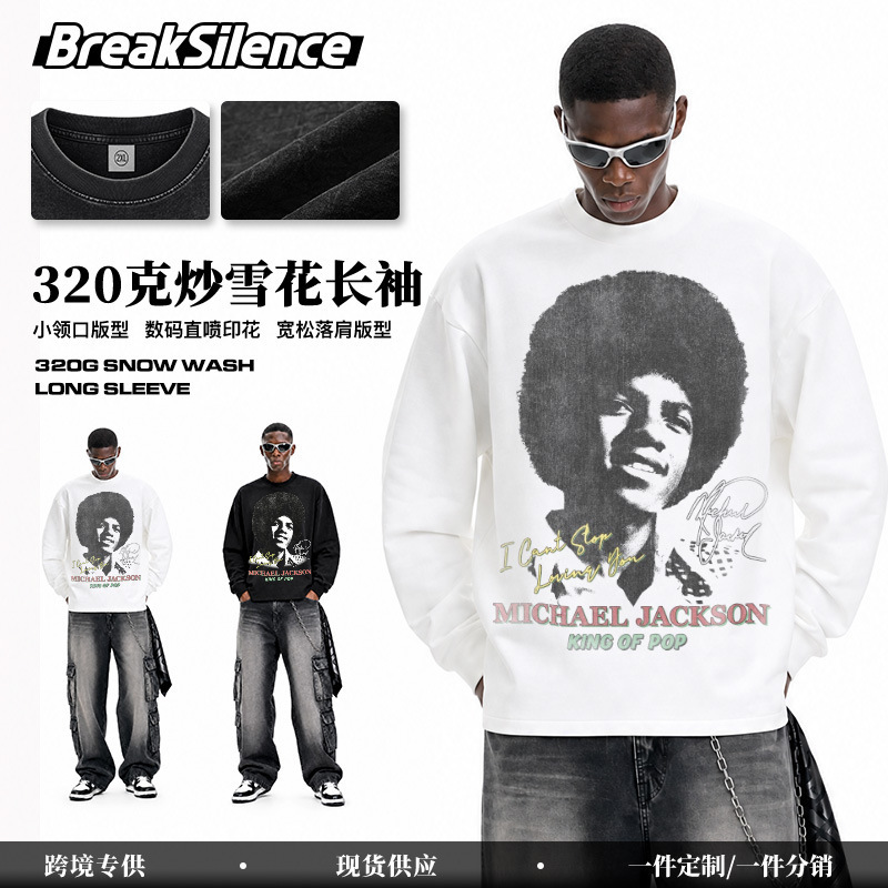 MJ Michael Jackson American retro autumn and winter washed distressed direct-print long-sleeve t-shirt with round neck and pullover style MJ Michael Jackson American retro autumn and winter washed distressed direct-print long-sleeve t-shirt with round neck and pullover style