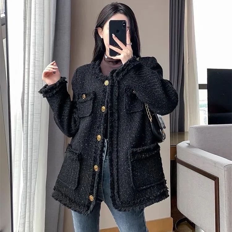 2024 New Elegant Tweed Chanel Coat Women's Korean-style Slimming Elegant Socialite Mid-length All-match Coat