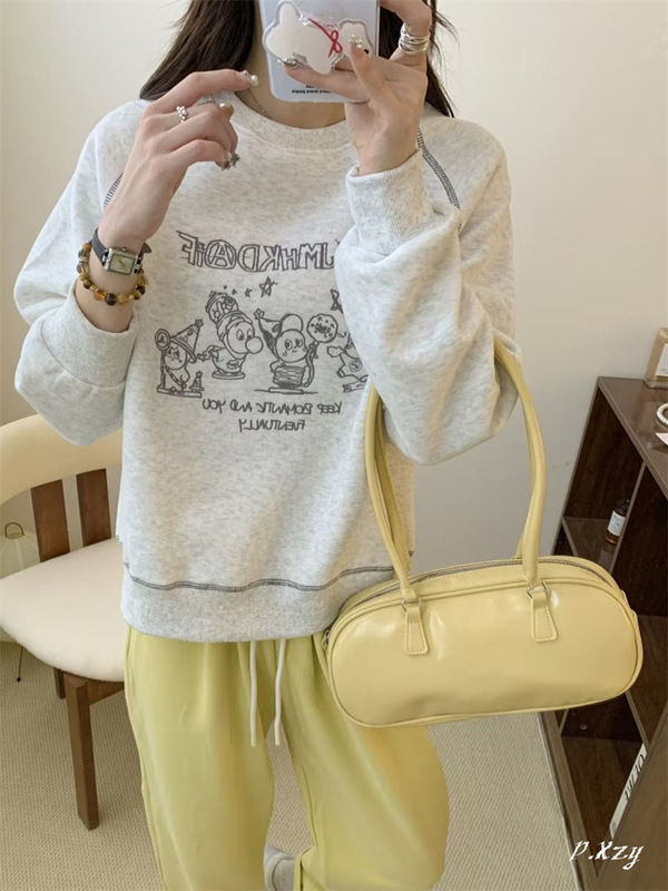 015慵懒风圆领卫衣女秋季新款薄款宽松韩版oversize女式上衣bf外|undefined
