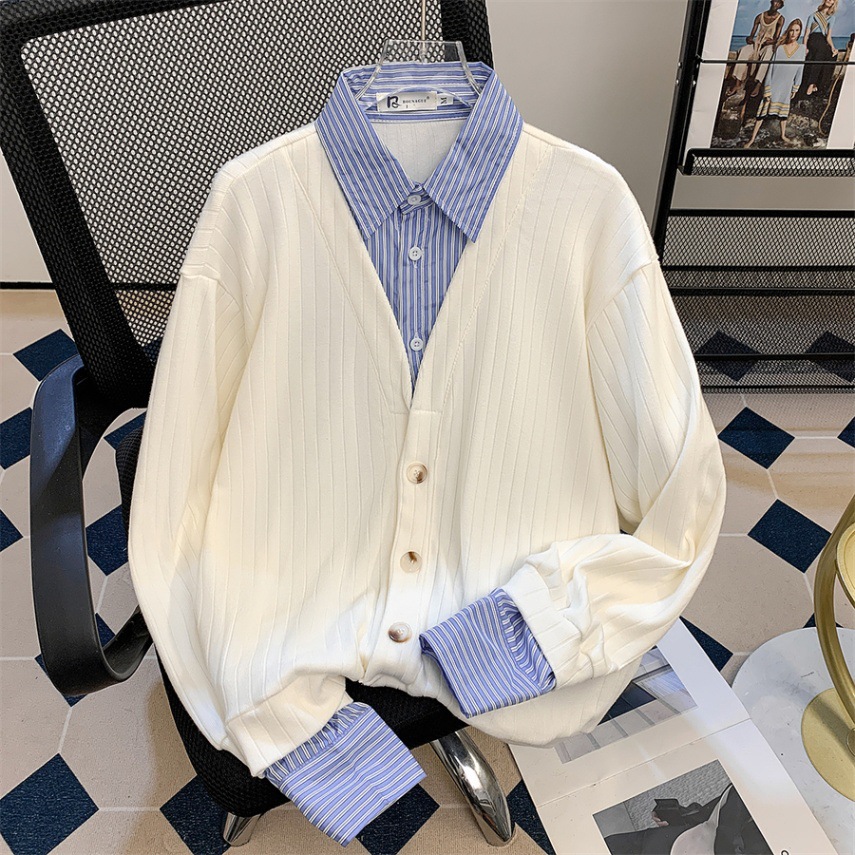 Otoño y invierno nuevo suéter cardigán hombre retro jacquard contraste delgado camiseta de punto casual chaqueta con solapa manga larga