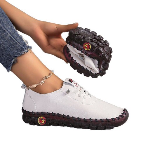 Stitching single-layer shoes, comfortable flat lacing mother's shoes, wide fat feet, ox tendon sole, soft sole, soft surface, medium and large size women's shoes