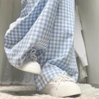 Голубые цветные летние тонкие брюки для отдыха, высокая талия, свободная прямая посадка