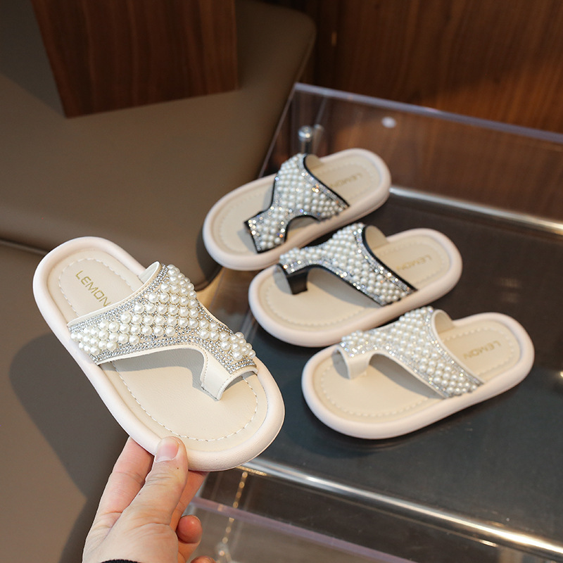 女童露趾涼拖鞋2024夏季新款兒童時尚珍珠拖鞋韓版時尚小女孩涼拖