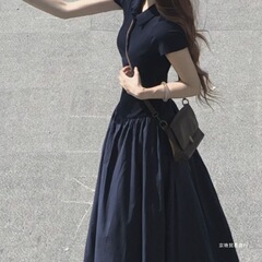 法式休闲慵懒拼接连衣裙女2025夏季短袖A字设计感温柔气质长裙子