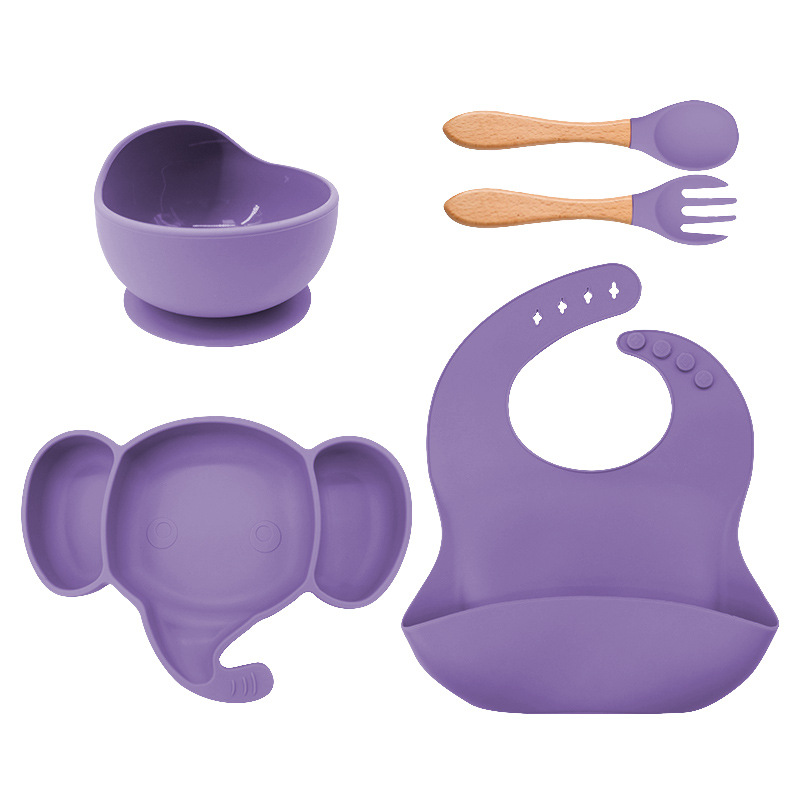 Plato de cena de silicona para niños tenedor cuchara traje de babero suministros maternos e infantiles traje de vajilla de alimentación infantil de grado alimenticio de silicona