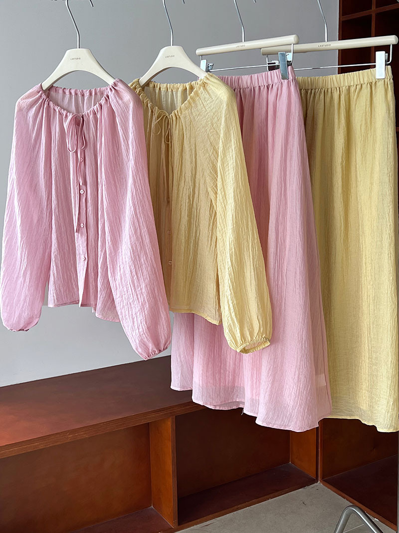 Gentle Drawstring Lace Pleated Sun Protection Shirt Skirt Two Piece Set Vacation Suit