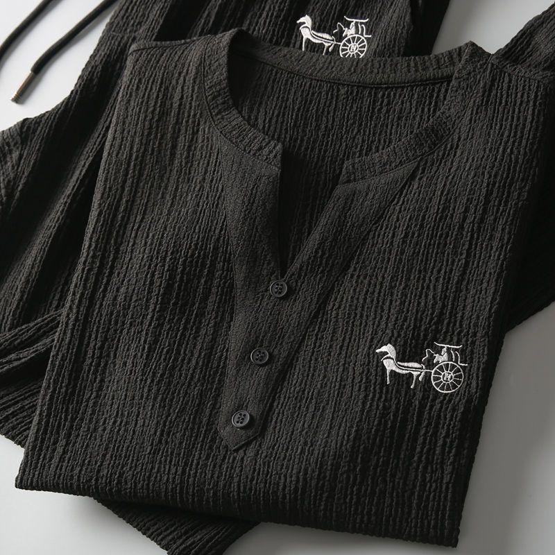 Herrenbekleidung Kurzarmanzug aus Eisseide und Leinen Herren Sommer Große Größe Lockeres T-Shirt mit mittleren Ärmeln Zweiteiliger Anzug aus Baumwolle und Leinen_voghion.com