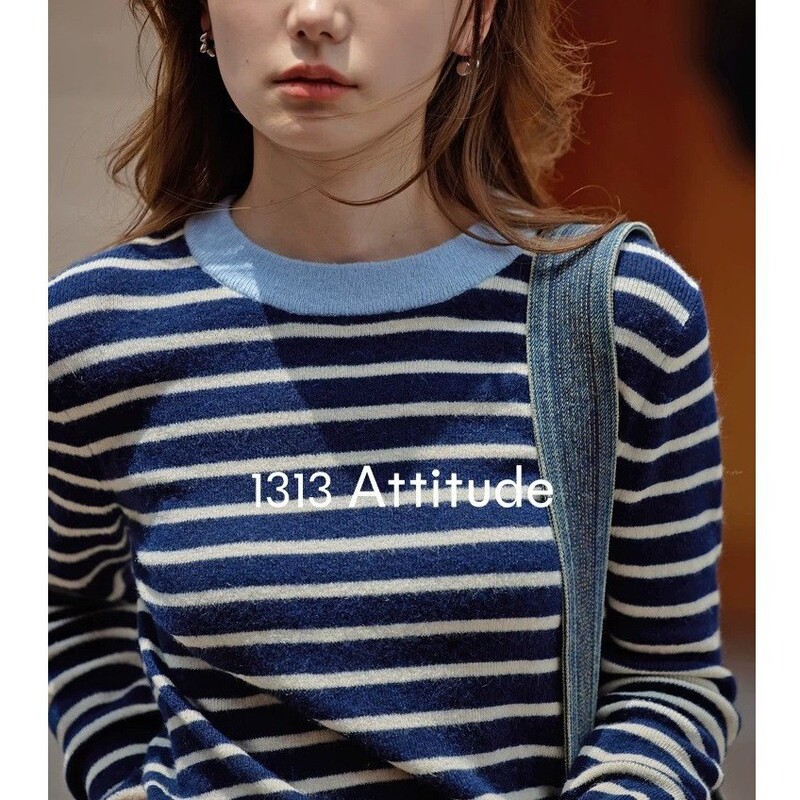 1313 Chic Sapphire Blue Striped Merino Wool + Alpaca Bottoming Sweater Soft Waxy Sweater