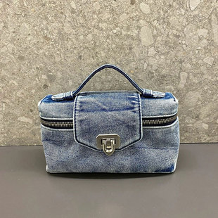 Tannin Denim Blue Box Bag 2024 New Lunch Box Bag Mini Portable Kelly Small Bag Shoulder Crossbody Cosmetic Bag