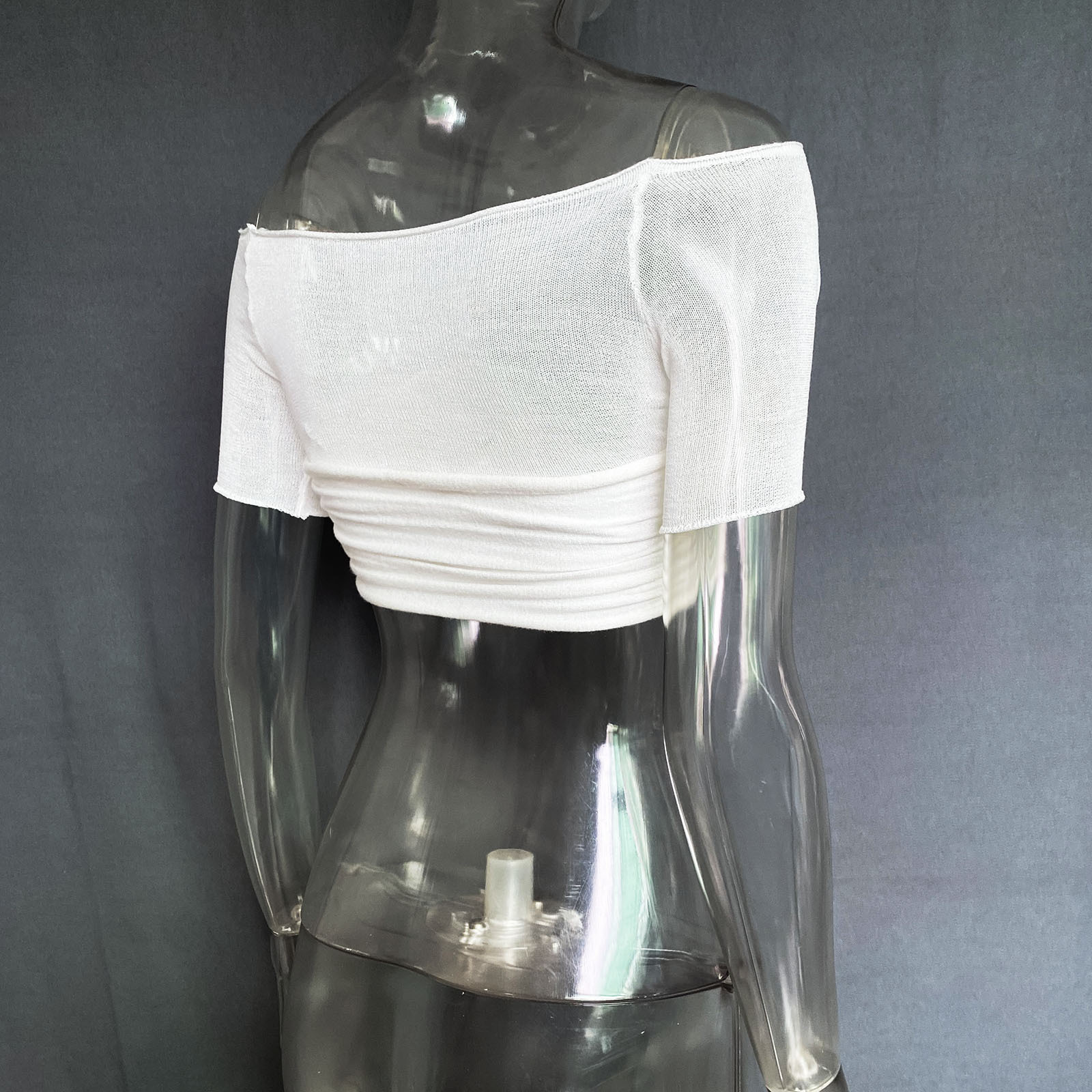 Spring Summer Women Clothes off-Shoulder Collar See Through Short Short Sleeve T Shirt