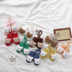 Korean children's all-in-one mittens, super cute bear-shaped neck strap fingerless mittens for toddlers, thick winter double-layer knitting warm gloves