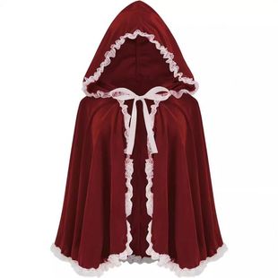 Red wine red Halloween Cloak Short Cloak Ruffled Lace Ruffled Lace Hooded Shawl Velvet