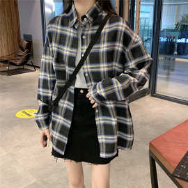韩版时尚秋装格子衬衫外套女复古港味上衣服宽松外穿潮