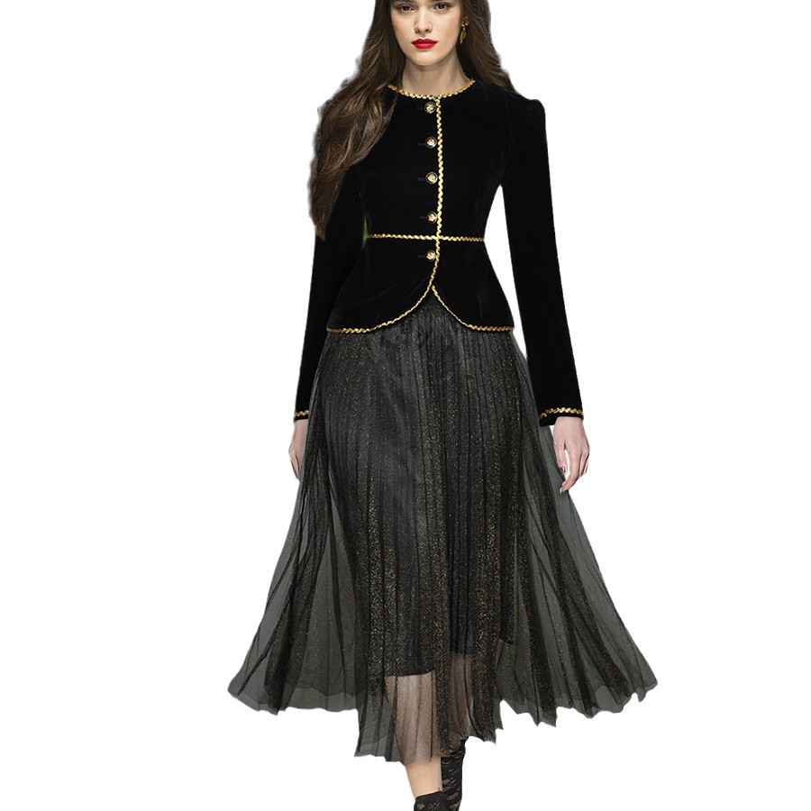 秋冬新款复古小西装短款外套两件套收腰网纱裙时尚半身裙套装