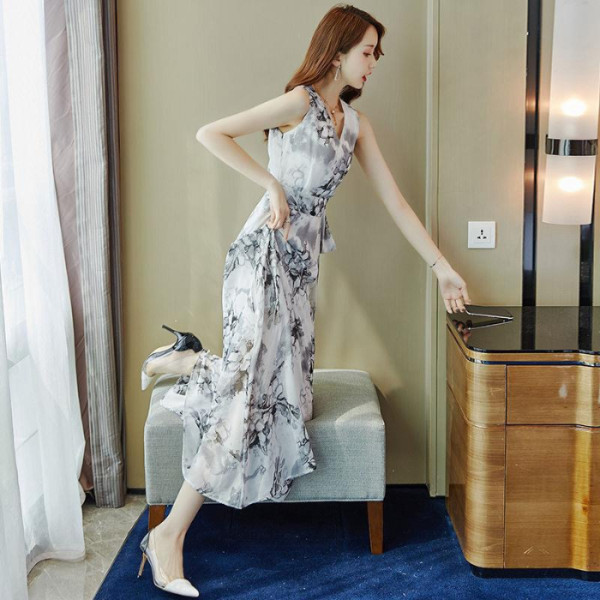 Bohemian Long Women Summer 2024 New Waist Tie Slimming Beach Vacation Chiffon Dress_ecoleips.com