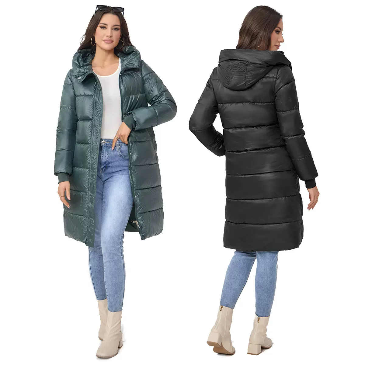 外贸冬季女连帽加厚漆面棉服大码长棉服外套时尚优雅户外女装棉衣