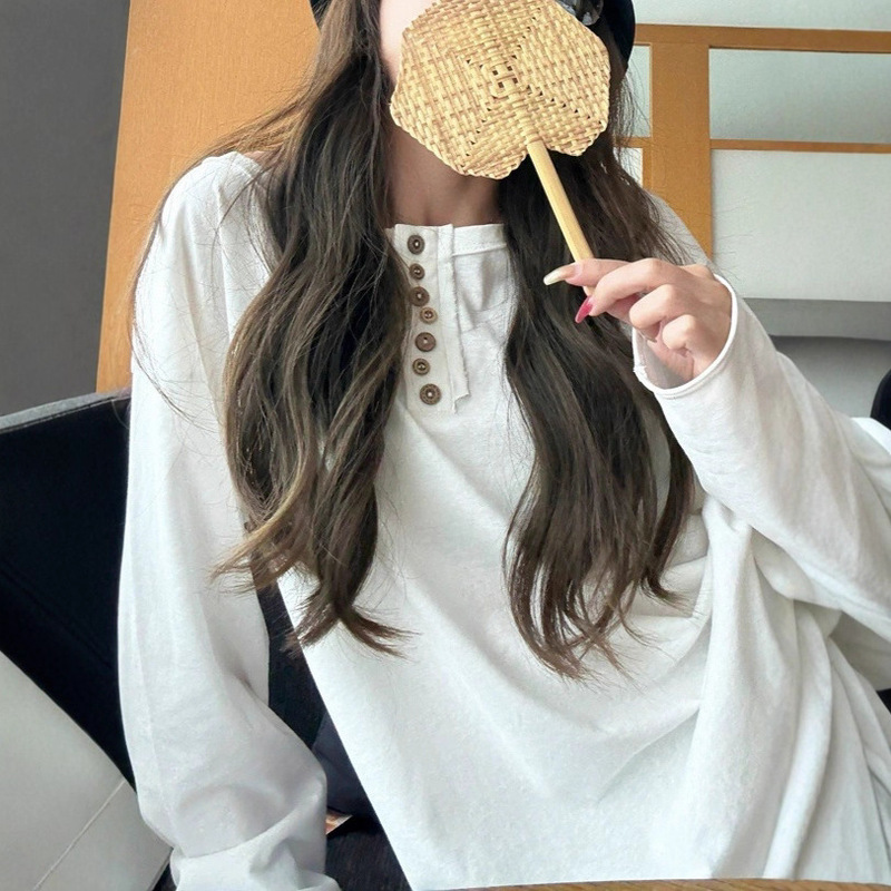 ASHENONLIN 曲奇饼干 不规则扣罩衫上衣女卷边设计感长袖休闲T恤|undefined