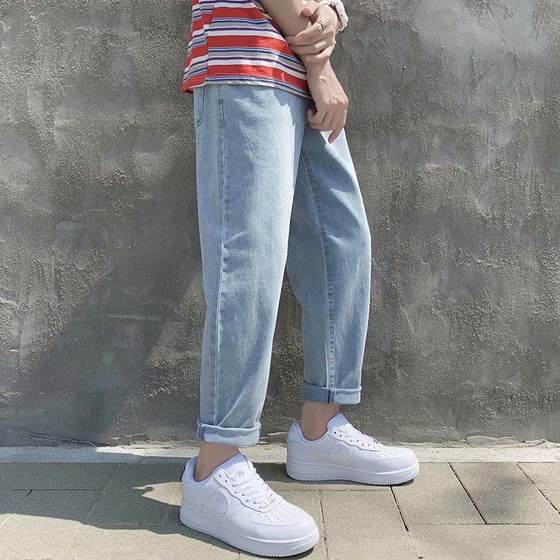 Summer Thin Straight-Leg Jeans Men's Loose Trendy Brand Korean-style All-match Stychy Waisted Cropped Men's Trendy Casual Pants