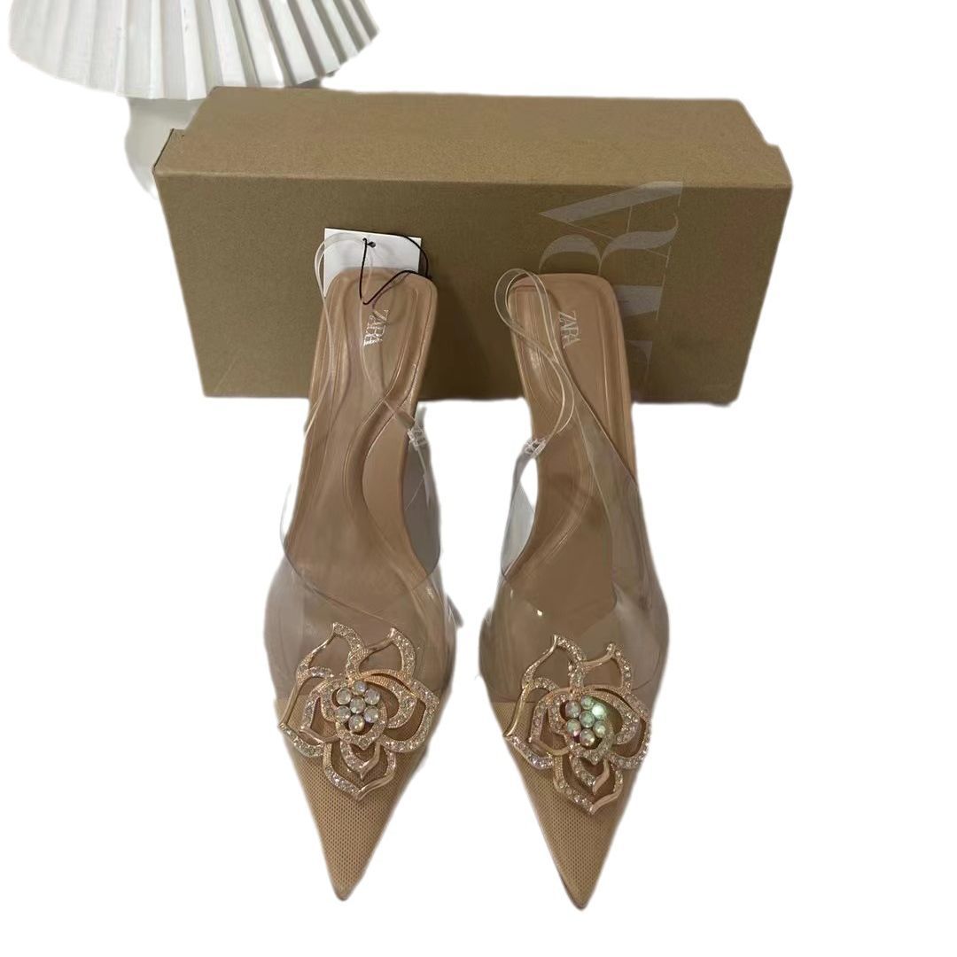 New pointed metal flower rhinestone embellishment PVC transparent shallow mouth high-heeled slim heel fashion women's sandals