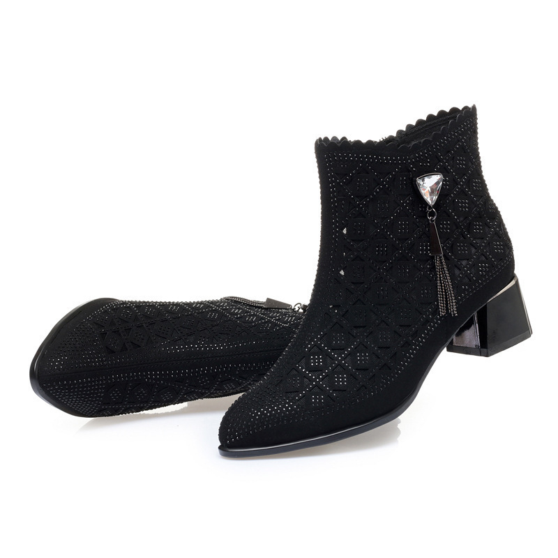 Boot cổ thấp nữ da lưới gót thô thoáng khí, đính đá lấp lánh — màu đen