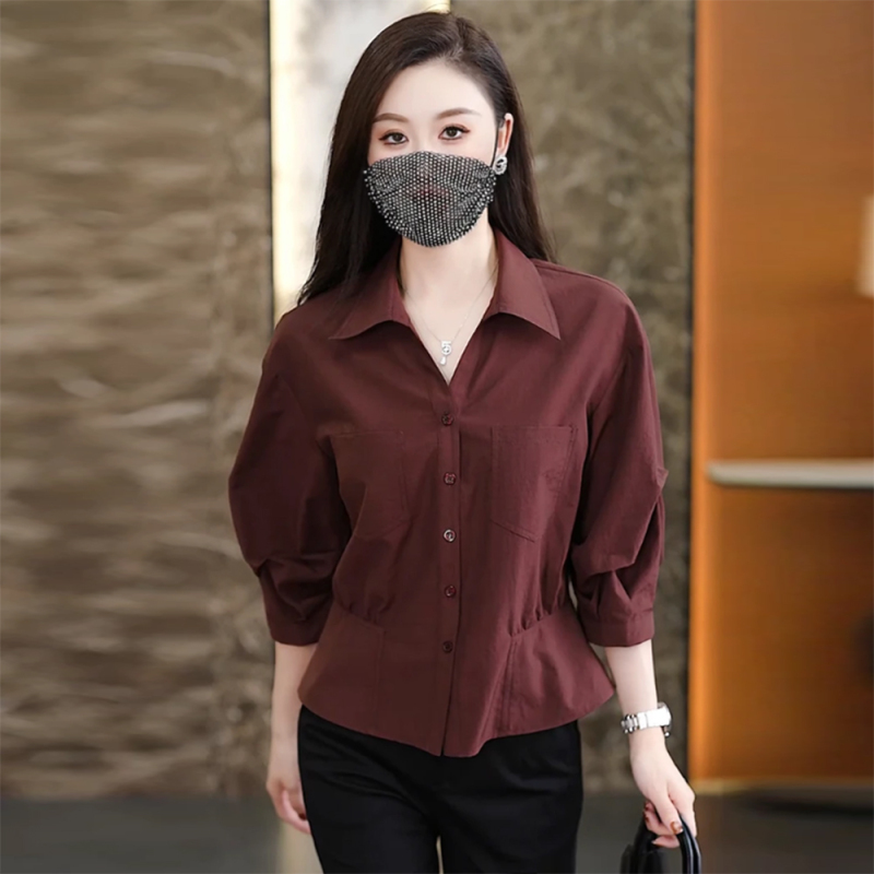 时尚七分袖衬衫女2025秋季新款洋气质百搭显瘦收腰纯色小个子上衣|undefined