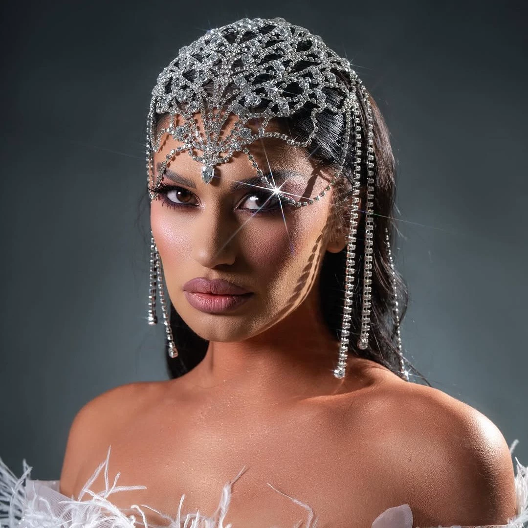 Новый стиль трансграничной цепочки для волос со стразами, экзотический стиль, цепочка на лоб с вырезом и кисточками, преувеличенные аксессуары в европейском и американском стиле, цепочка для волос