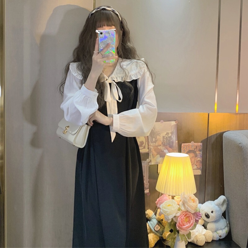 Vintage Stitching Fake Two-piece Long-sleeved dress Women's Autumn and Winter Elegant Doll Collar Long Dress