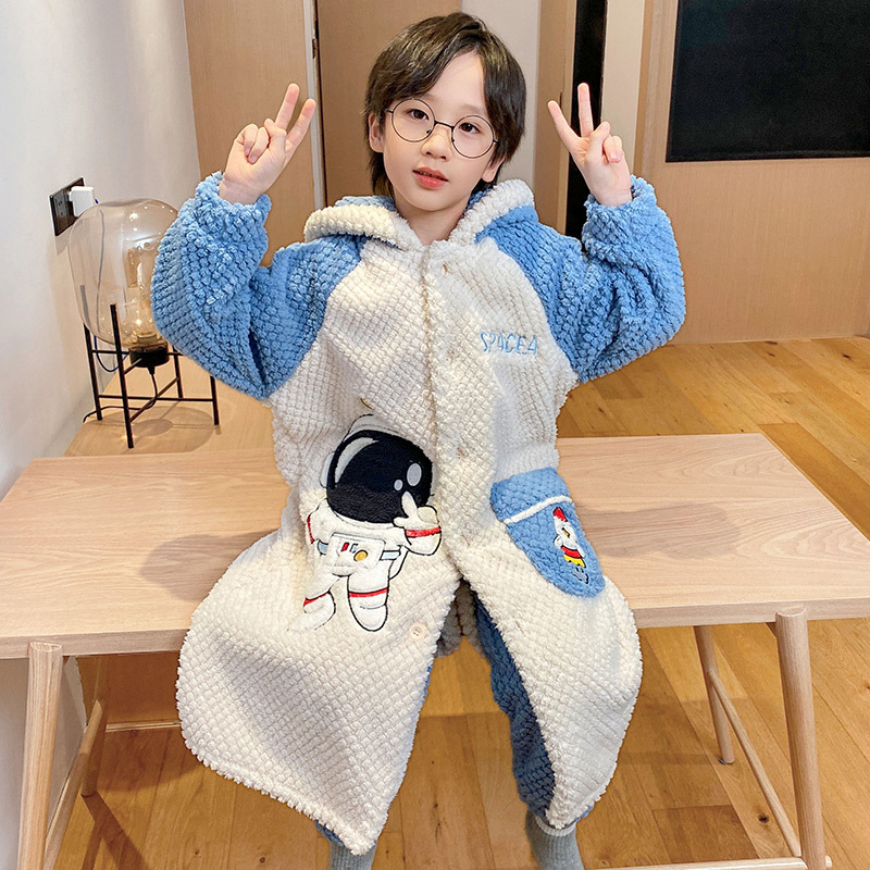 어린이 두꺼운 잠옷 소년의 따뜻한 플란넬 홈 옷 목욕 가운 긴 산호 양털 중대형 어린이 세트