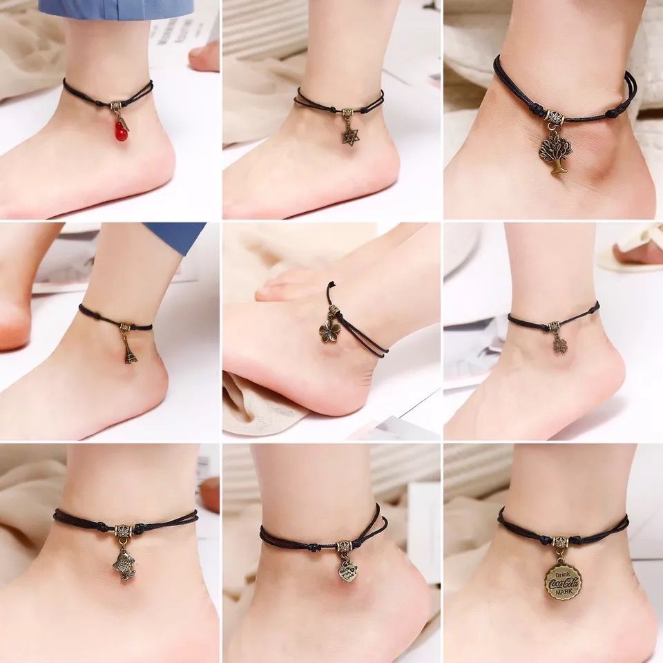 Handmade black ankle chain with simple red rope, designed for students, featuring a bell and agate, vintage ankle chain accessory for the Year of the Monkey.