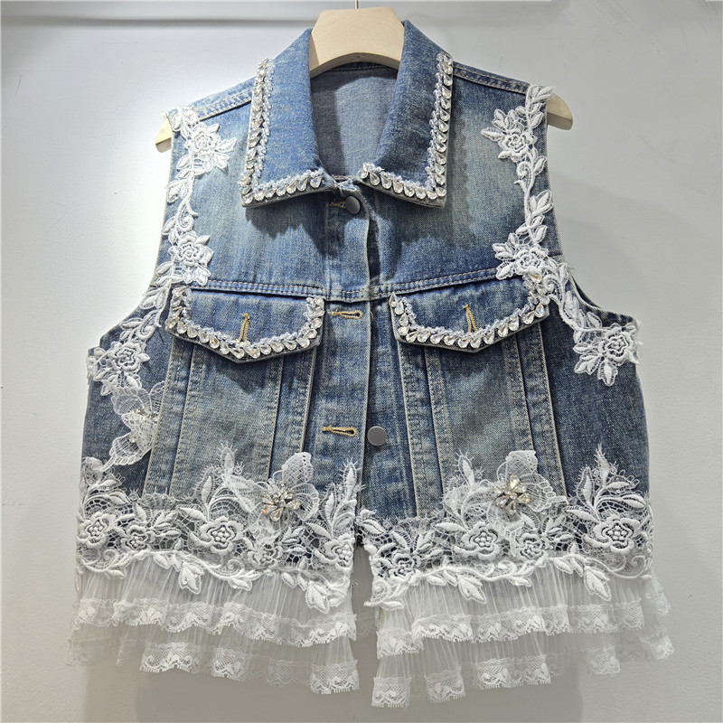 Estación europea de diseño pesado diamante de encaje chaleco chaleco de mujer nueva chaqueta de vaqueros suelta de moda image 1