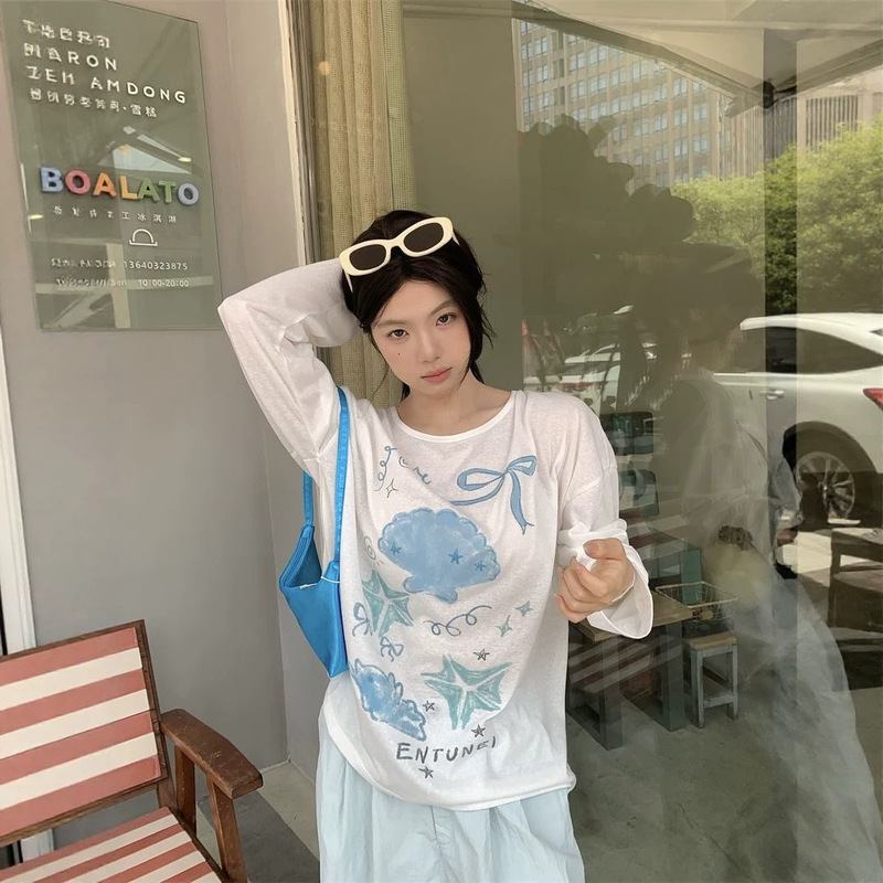 Unique printed long-sleeve sun protection shirt T-shirt for women, summer design, stylish, cute, loose, versatile, lightweight top Unique printed long-sleeve sun protection shirt T-shirt for women, summer design, stylish, cute, loose, versatile, lightweight top