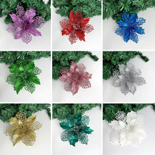 16cm镂空金粉花跨境圣诞花一品红花朵仿真 圣诞树配件挂件装饰品