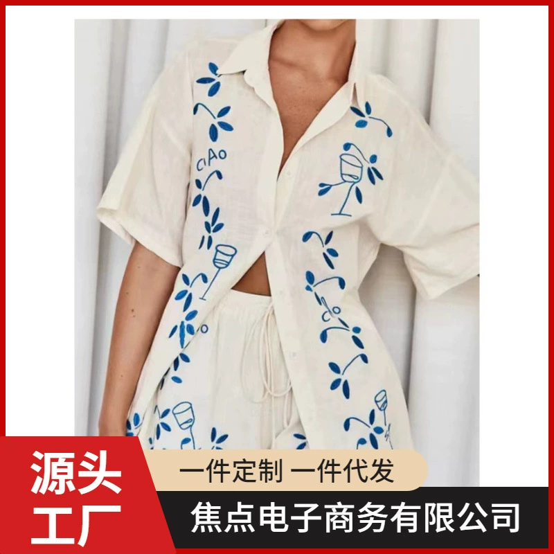 Трансграничные европейские и американские рубашки с принтом набор свободных повседневных весенних новых ежедневных брюк с короткими рукавами из двух частей POD на заказ