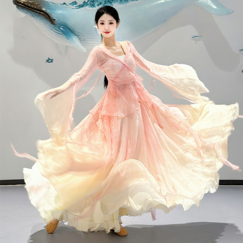 Spring Ode: Ethereal and Graceful New Classical Dance Performance Practice Outfit for Women, Chinese Dance Ancient Style Gauze Dress Gradient Color Set