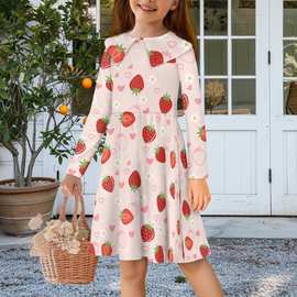 粉色草莓公主裙女童裙子水果拐杖糖连衣裙长袖套头休闲一件起订
