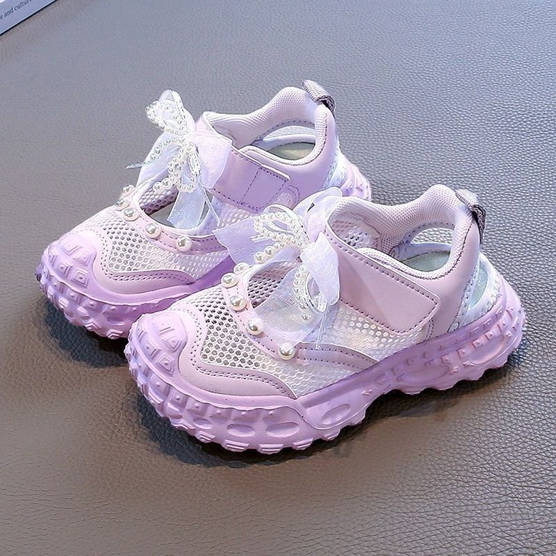 Sandalias deportivas para niñas, estilo verano 2026, zapatos de malla hueca para niños con lazo de perlas, zapatos de moda estilo papá.