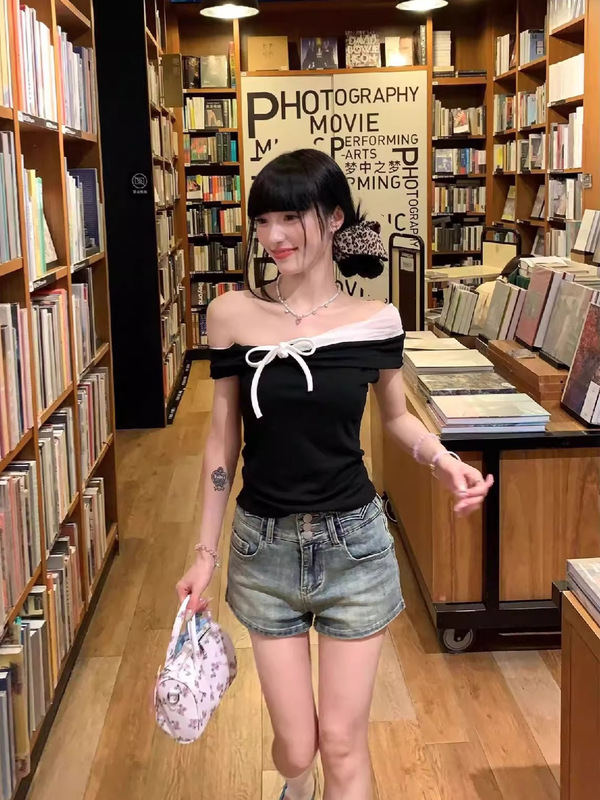 ホットガールのリボン付きワンショルダー半袖Tシャツ、女性用、夏のシックな気質、ウエスト痩身、美しいトップ、トレンディ|undefined