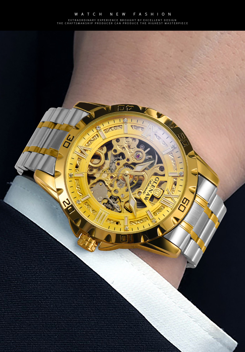 Đồng hồ nam thép không gỉ automatic lộ máy Glenn — Thắt lưng thép vàng 8718, Thắt lưng thép bạc 8718 chi tiết 8