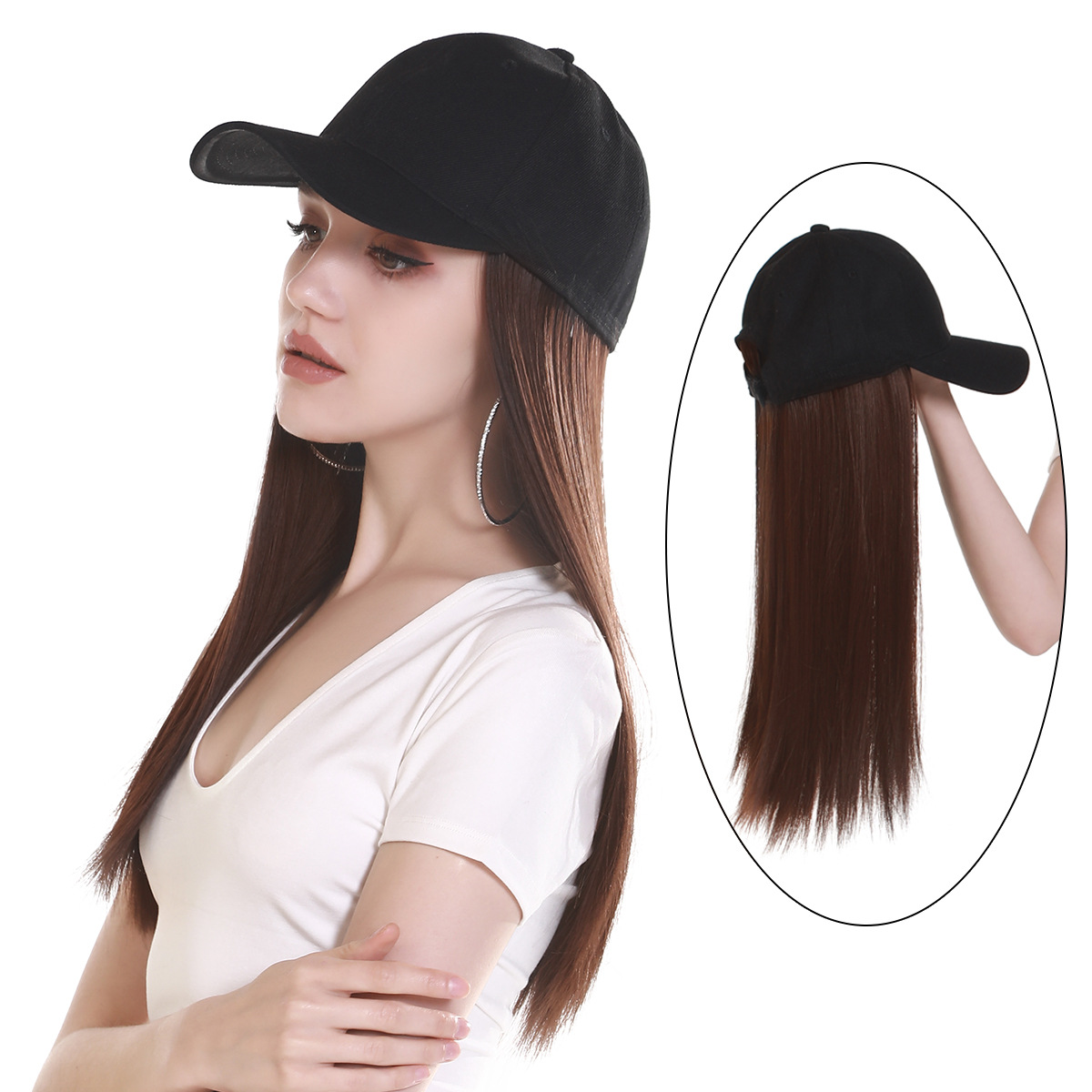 Perruque Synthétique Femme Une pièce Cheveux Longs Raides Fibre Chimique Baseball Perruque Chapeau Naturel Tête Complète Ensemble_voghion.com