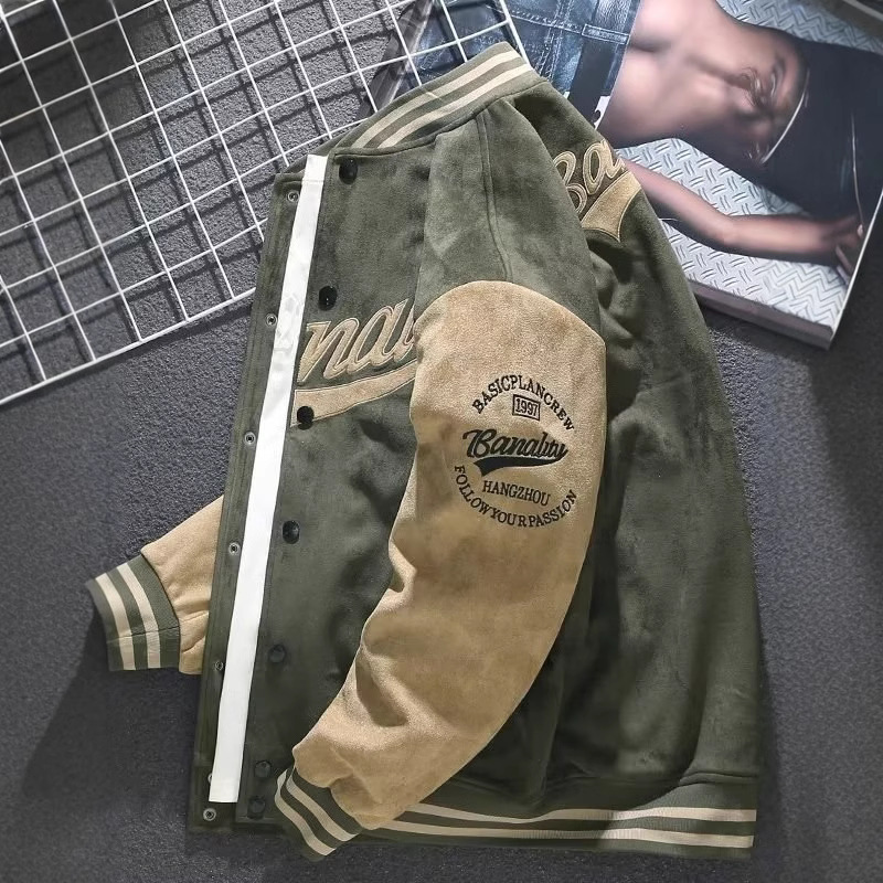 Suede Baseball Suit Men's Autumn and Winter American Style Retro Jacket Embroidered Loose Towel Velvet Aviator Top Trendy