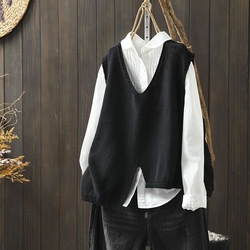 Irregular Hem Cotton Knit Vest Women's Autumn Wear New Retro Literary Loose V-Neck Hooded Shoulder Cardigan