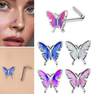 Amazon cross-border hot nose nail butterfly L rod nose nail personalized fashion European and American body piercing jewelry wholesale