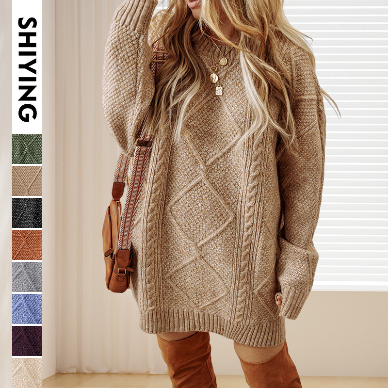 Shiying's New Winter Style Lazy Casual Style Sweater Dress European and American Cross-Border Fashion Hemp Texture Knee-Length Skirt