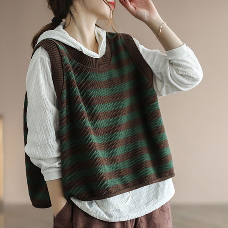 Artistic Retro Cotton Knitted Sweater Striped Sleeveless Vest Women's Autumn and Winter New Large Size Vest Blanket Sweater