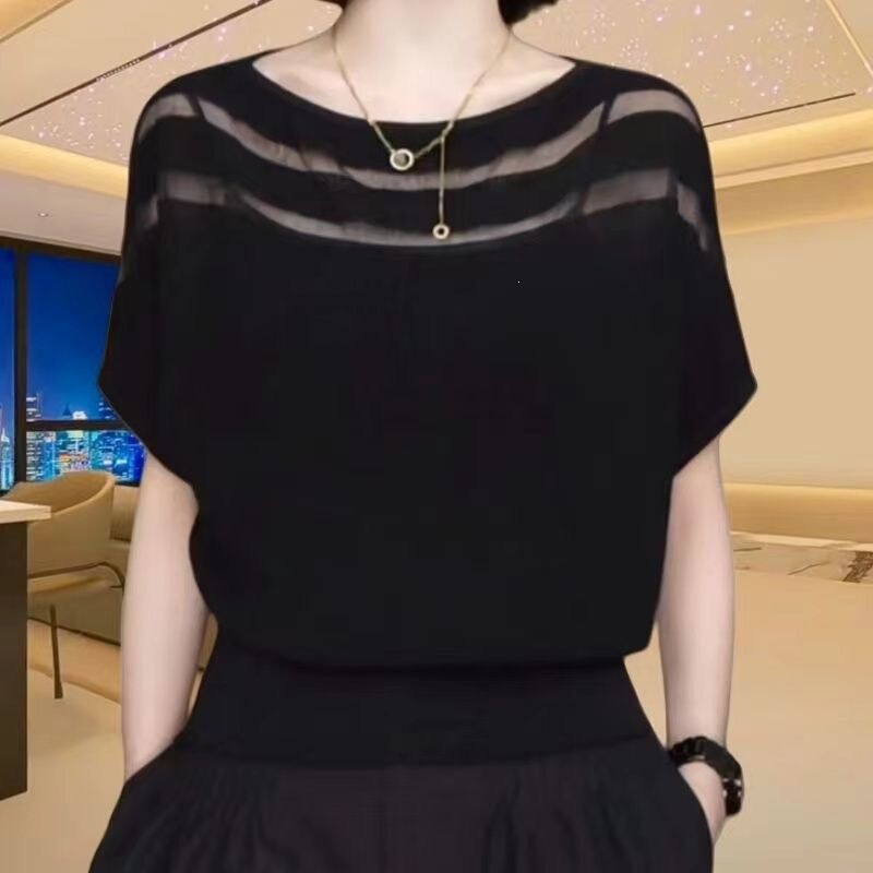 Korean-Style Design One-Line Neckline Hollow-Out Ice Silk Knit T-Shirt for Women, 2026 Summer New Batwing Sleeve Outerwear Top