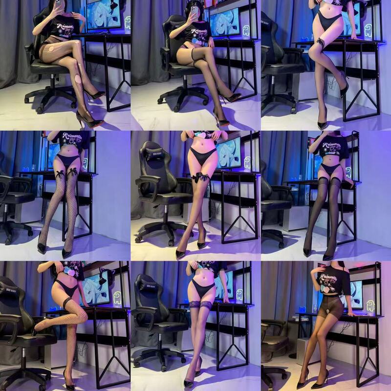 Black silk temptation uniform one-piece open-file free silk stockings lace bow fishnet stockings pure desire garter passion