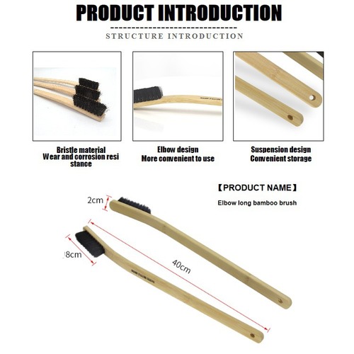 Automotive Engine Cleaning Brush with Bent Head Long Bamboo Handle Horsehair Wheel Rim Cleaning Tool