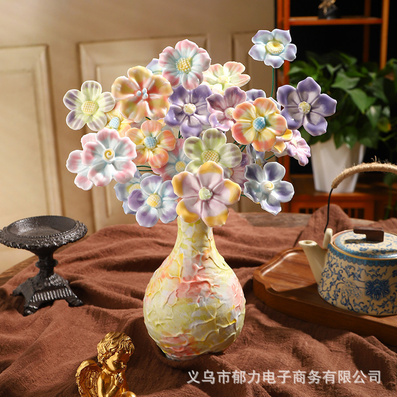 Jingdezhen Ceramic Vase with Preserved Flowers Set, Desktop Artificial Flower Ornament, Creative Gift for Girlfriend, Ceramic Flower Vessel
